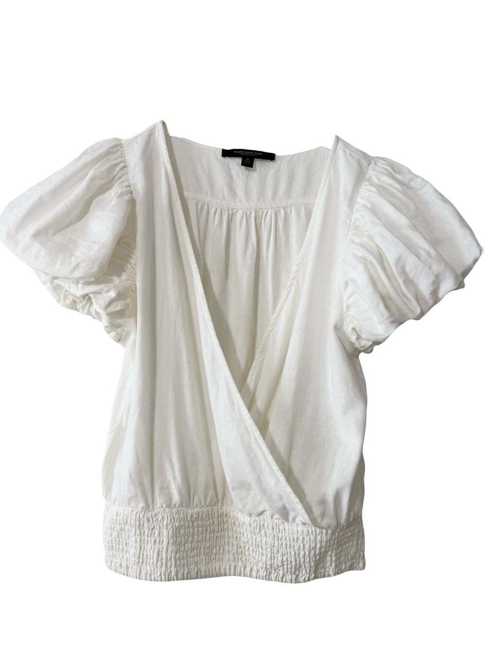 Linen White Puff Sleeve V-Neck Wrap Top Size Medium
